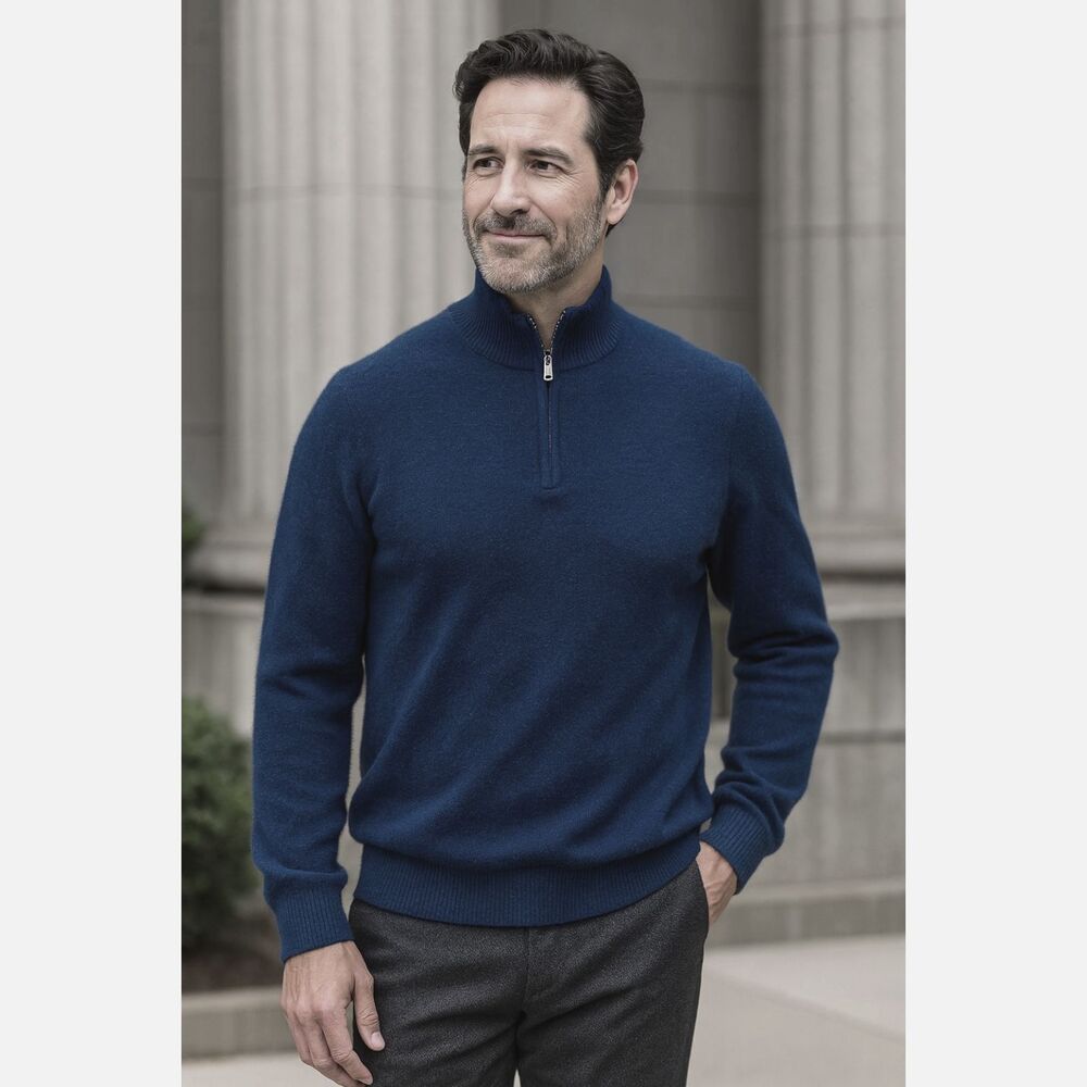 Cashmere Club Room Blue Luxury 1/4 Zip Pullover Sweater Top  Mens Size Medium
